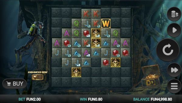 Treasure Tumble base game screenshot showing reels and features
