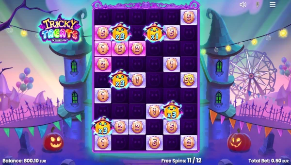 Tricky Treats Slot Free Spins Bonus Game with Features Screenshot of Tricky Treats slot demo showing reels and bonus game features