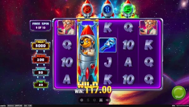 Screenshot of Triple Launch Fortune Wild slot demo showing reels and bonus game features
