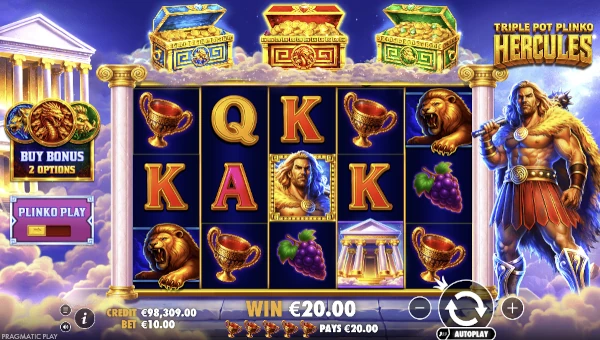Triple Pot Plinko Hercules base game screenshot showing reels and features