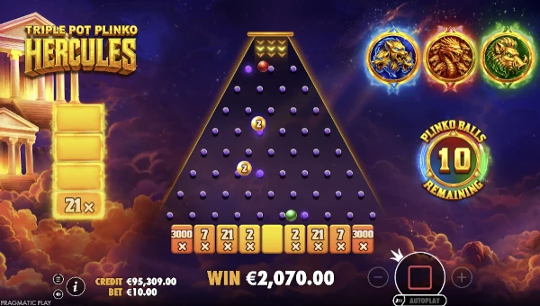 Screenshot of Triple Pot Plinko Hercules slot demo showing reels and bonus game features