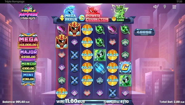 Screenshot of Triple Rampage slot demo showing reels and bonus game features