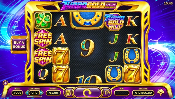 Turbo Gold Deluxe base game screenshot showing reels and features