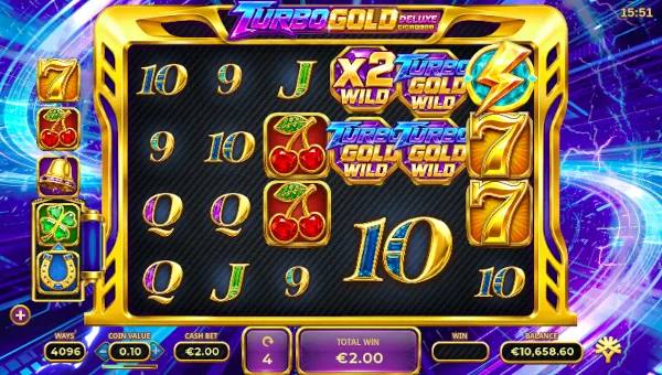 Screenshot of Turbo Gold Deluxe slot demo showing reels and bonus game features