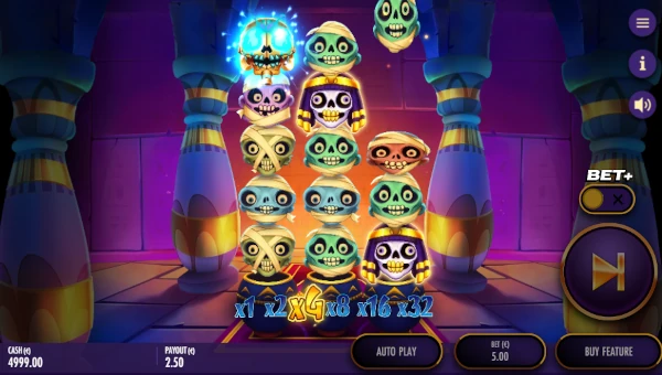 Tutan Kha Boom base game screenshot showing reels and features