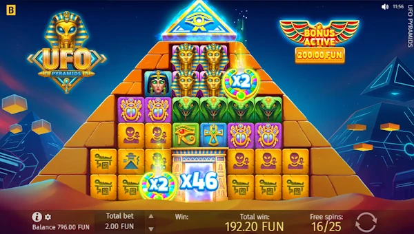 Screenshot of UFO Pyramids slot demo showing reels and bonus game features