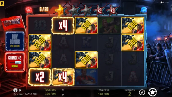 Screenshot of Ultras slot demo showing reels and bonus game features