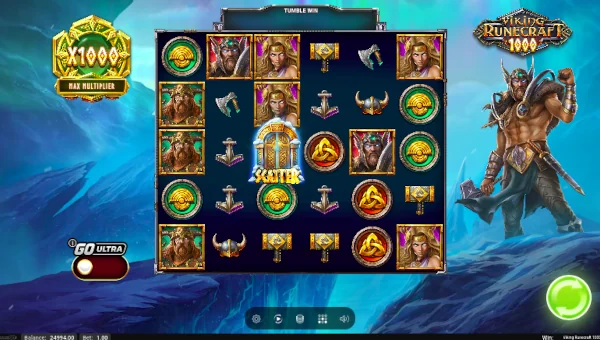 Viking Runecraft 1000 base game screenshot showing reels and features