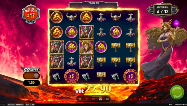 Screenshot of Viking Runecraft 1000 slot demo showing reels and bonus game features