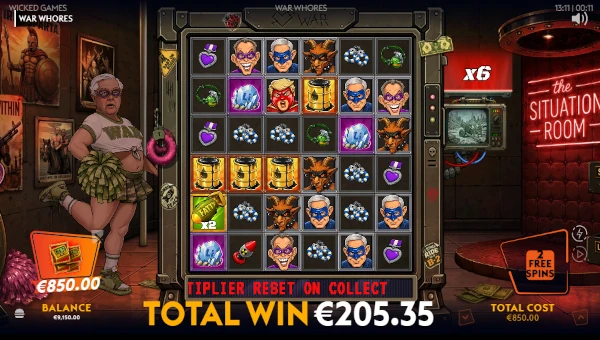Screenshot of War Whores slot demo showing reels and bonus game features
