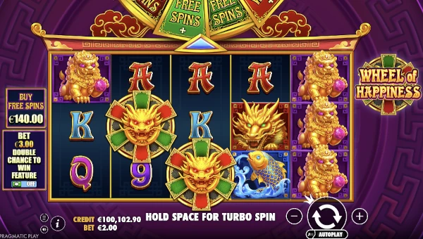 Wheel of Happiness base game screenshot showing reels and features