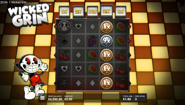 Screenshot of Wicked Grin slot demo showing reels and bonus game features