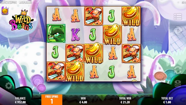 Screenshot of Wild Beans slot demo showing reels and bonus game features