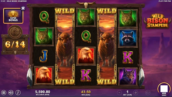 Screenshot of Wild Bison Stampede slot demo showing reels and bonus game features