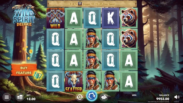 Wild Spirit Deluxe base game screenshot showing reels and features