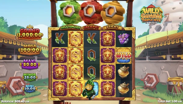 Screenshot of Wild Swarm Triple Hive slot demo showing reels and bonus game features