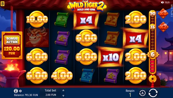 Screenshot of Wild Tiger 2 slot demo showing reels and bonus game features