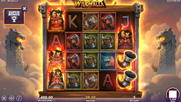 Screenshot of Wildhalla slot demo showing reels and bonus game features