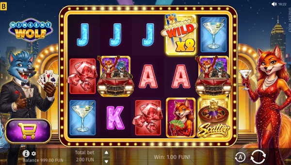 Wincent Wolf base game screenshot showing reels and features