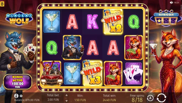 Screenshot of Wincent Wolf slot demo showing reels and bonus game features