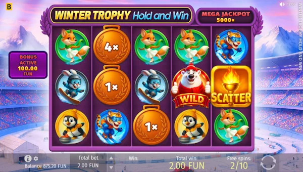 Screenshot of Winter Trophy Hold and Win slot demo showing reels and bonus game features