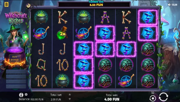 Witchcraft Riches base game screenshot showing reels and features
