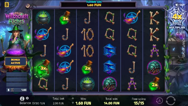 Screenshot of Witchcraft Riches slot demo showing reels and bonus game features