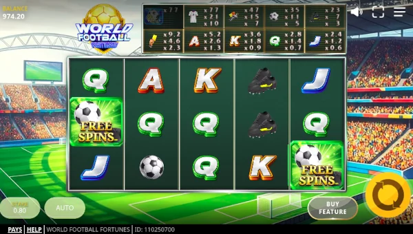 World Football Fortunes base game screenshot showing reels and features