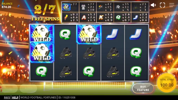 Screenshot of World Football Fortunes slot demo showing reels and bonus game features