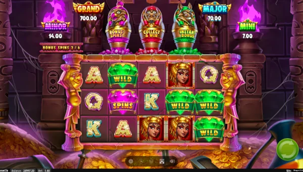 Screenshot of Wrappin Gold slot demo showing reels and bonus game features