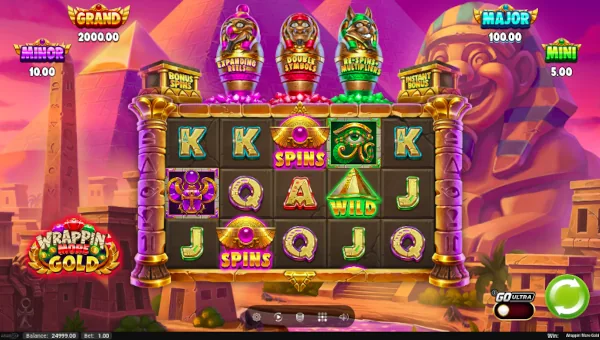 Wrappin More Gold base game screenshot showing reels and features