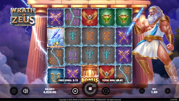 Screenshot of Wrath of Zeus Clusterbreaker slot demo showing reels and bonus game features
