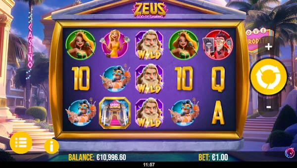 Zeus God of Gaming base game screenshot showing reels and features