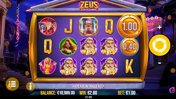 Screenshot of Zeus God of Gaming slot demo showing reels and bonus game features