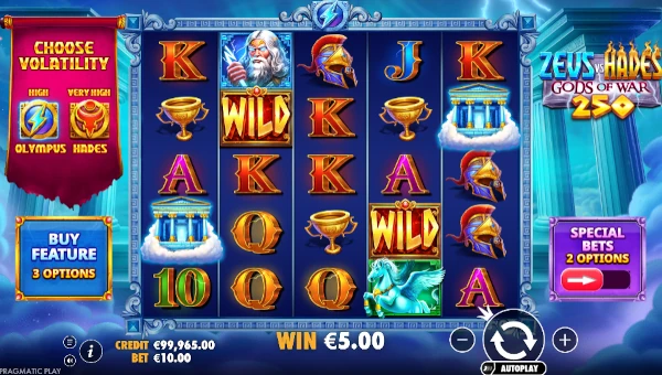 Zeus vs Hades Gods of War 250 base game screenshot showing reels and features