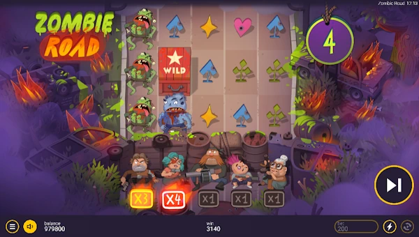 Screenshot of Zombie Road slot demo showing reels and bonus game features