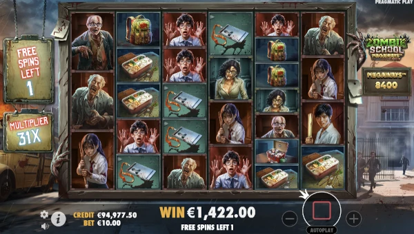 Screenshot of Zombie School Megaways slot demo showing reels and bonus game features
